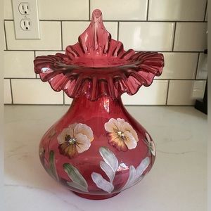 Fenton Cranberry Glass Vase, hand painted